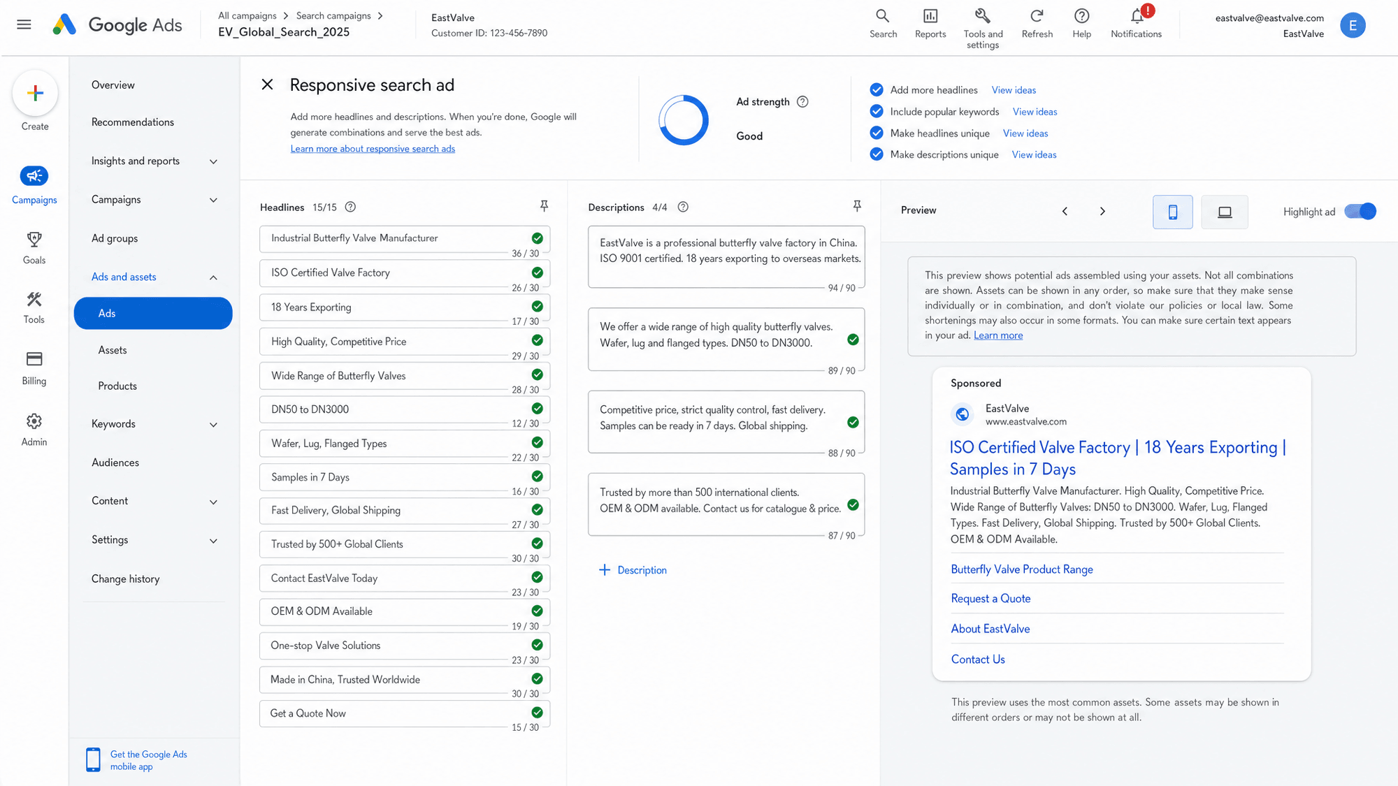 Google Ads creative and copy written and tested for a Chinese brand selling to the West