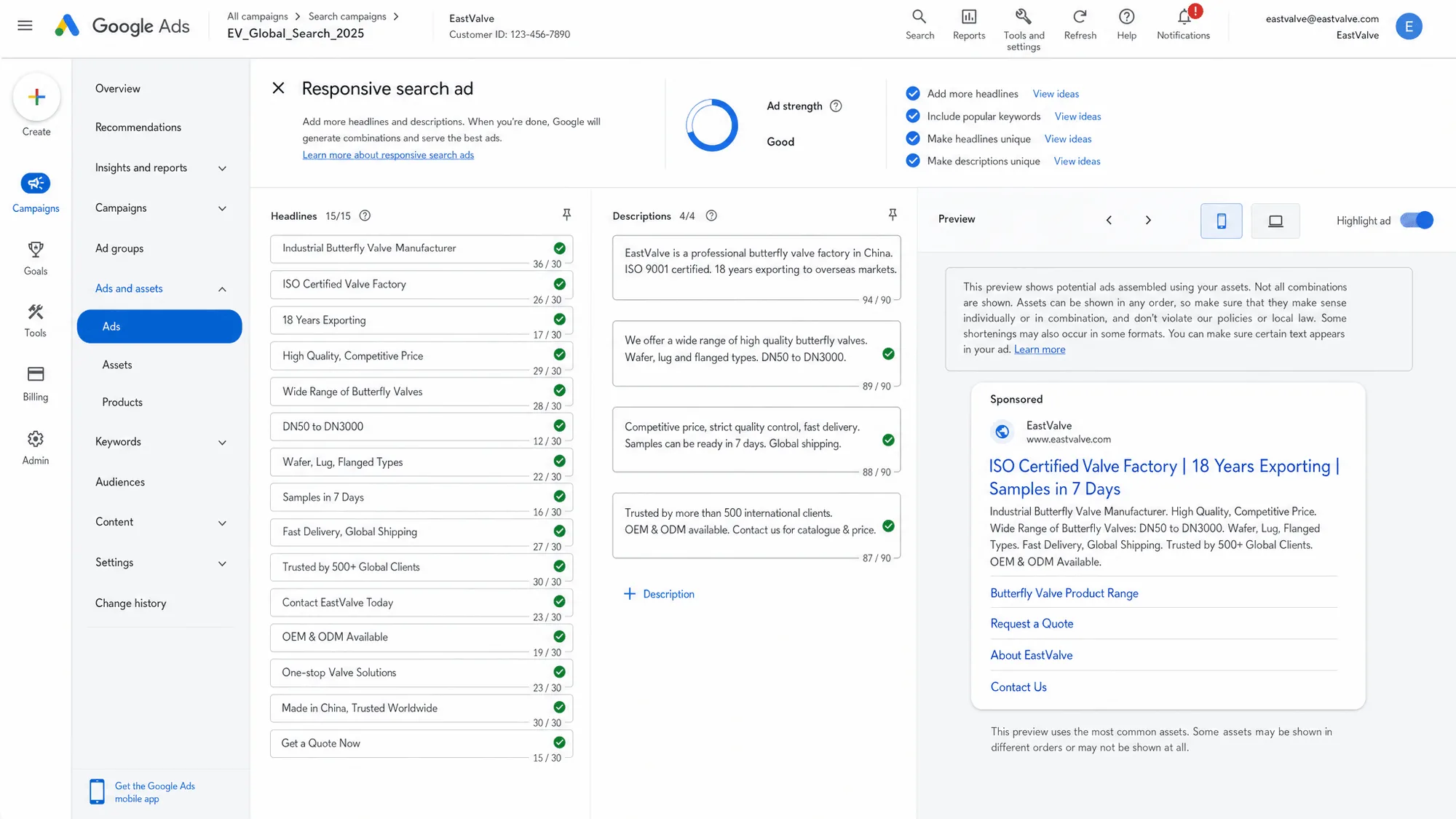 Google Ads creative and copy written and tested for a Chinese brand selling to the West