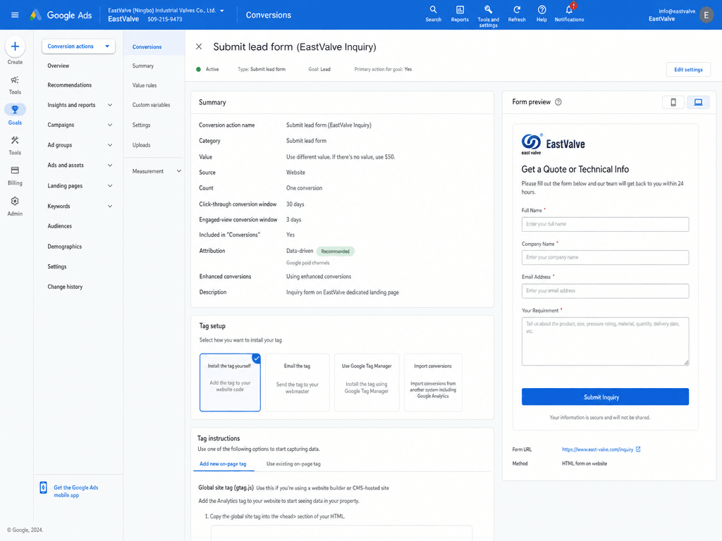 A Google Ads conversion action for a short inquiry form on a dedicated landing page
