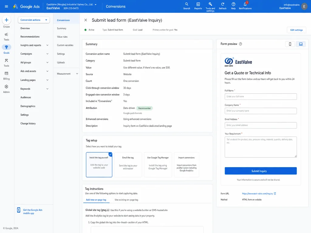 A Google Ads conversion action for a short inquiry form on a dedicated landing page
