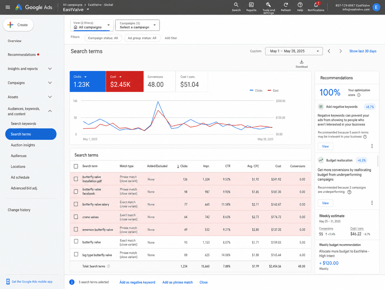 The Google Ads search terms report highlighting wasted spend on irrelevant queries
