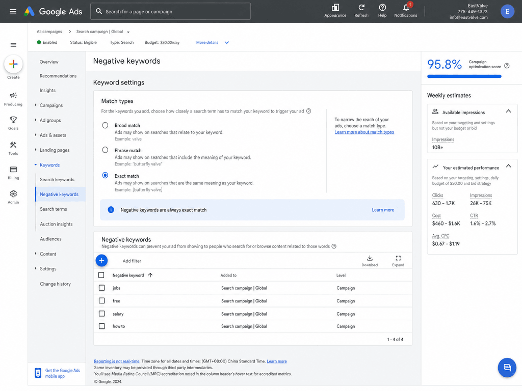 Google Ads match type settings and a negative keyword list