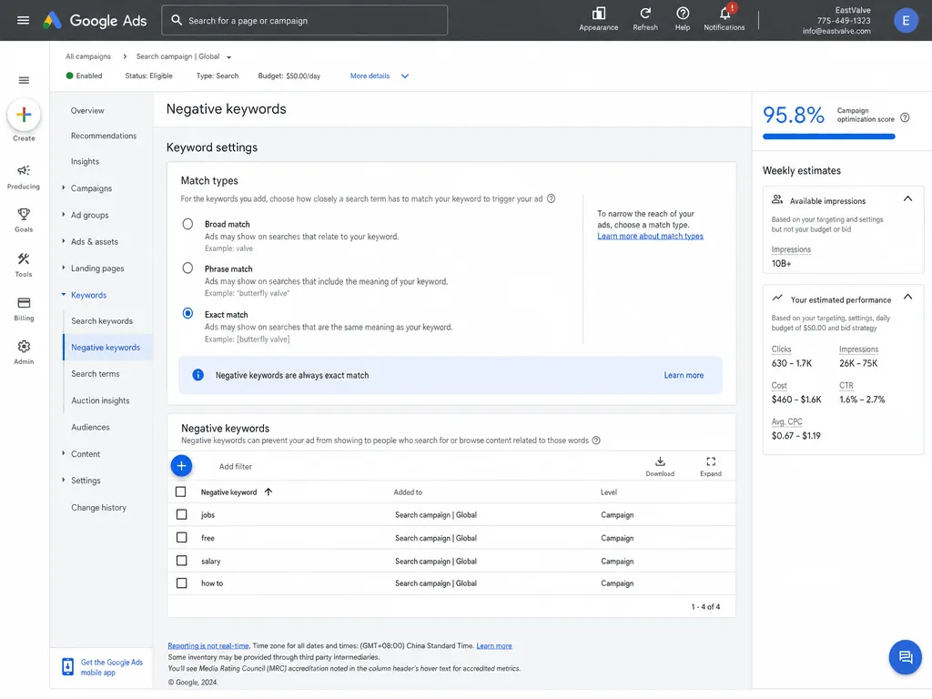 Google Ads match type settings and a negative keyword list