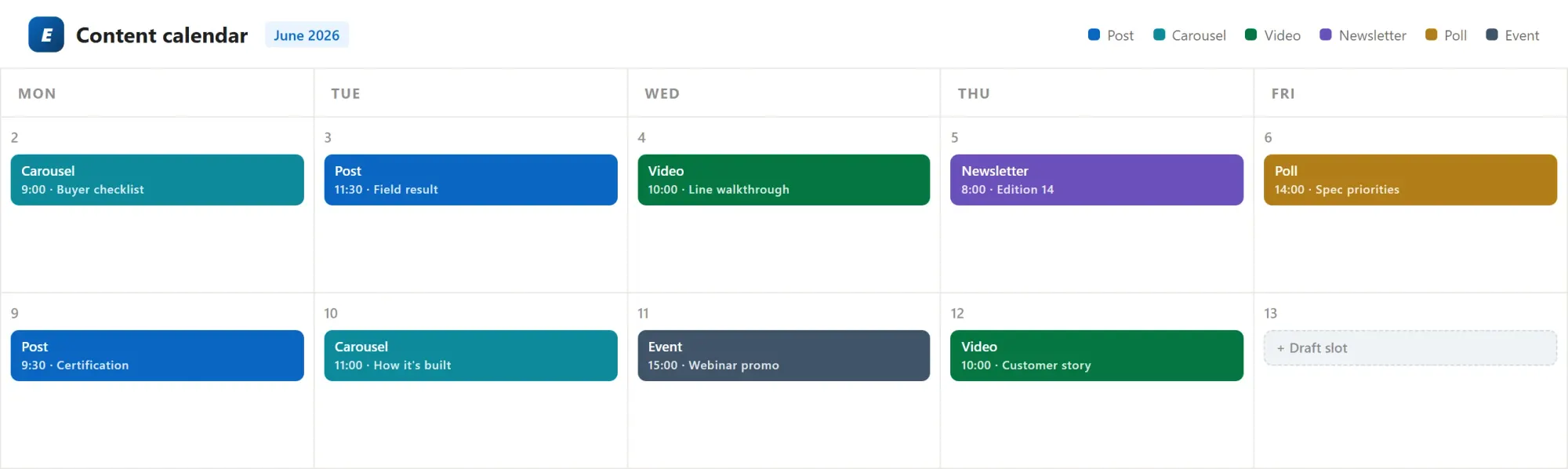 A LinkedIn content calendar for June: posts, carousels, videos, a newsletter, a poll and an event scheduled across the weeks
