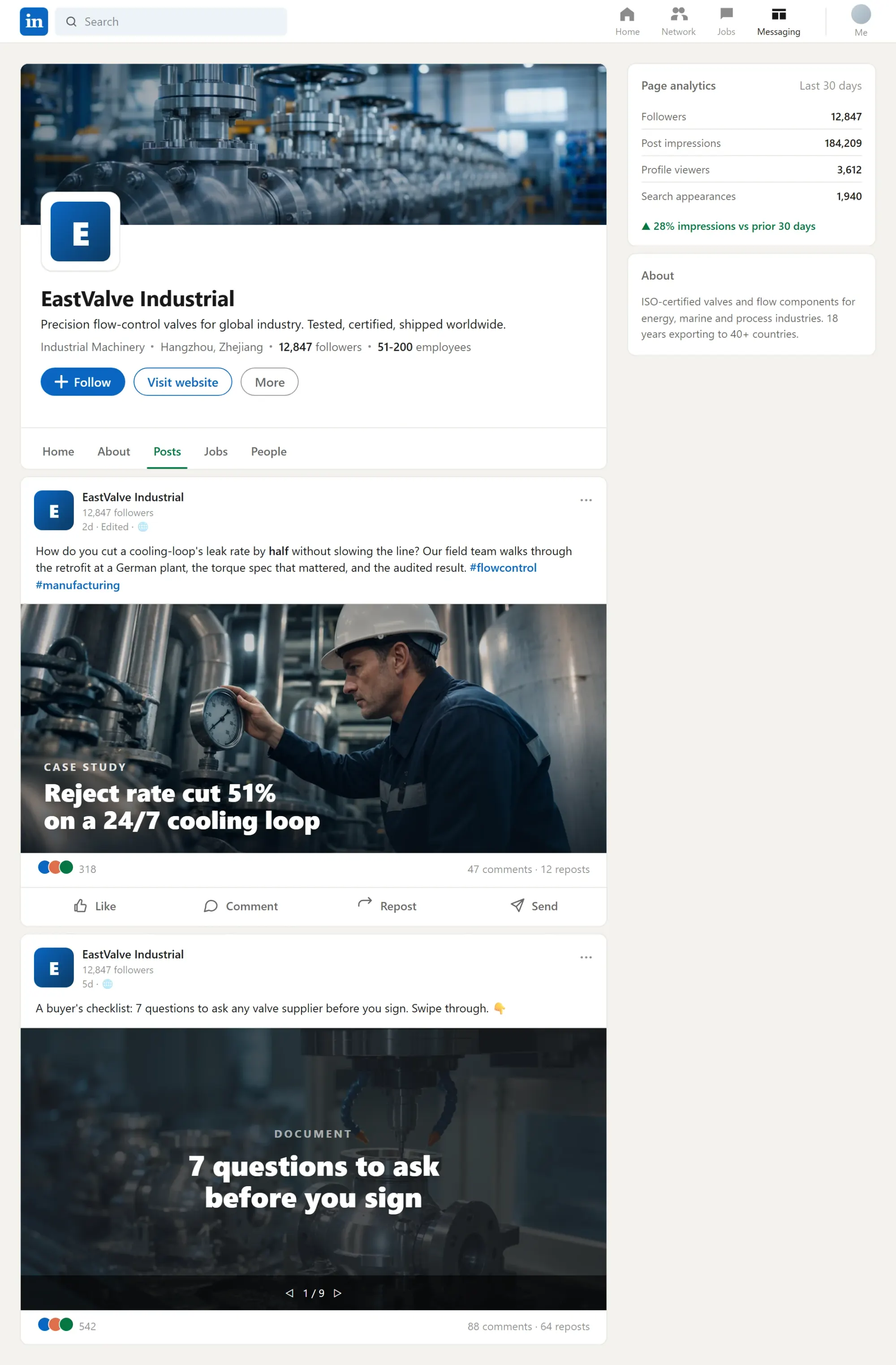 A LinkedIn company page: branded banner, logo, follower count, and active posts
