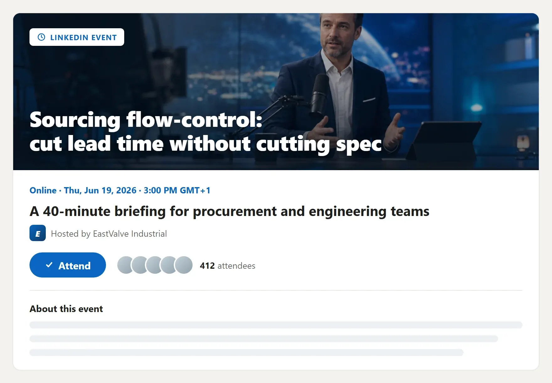A LinkedIn event page with date, host, an attend button and registrant count