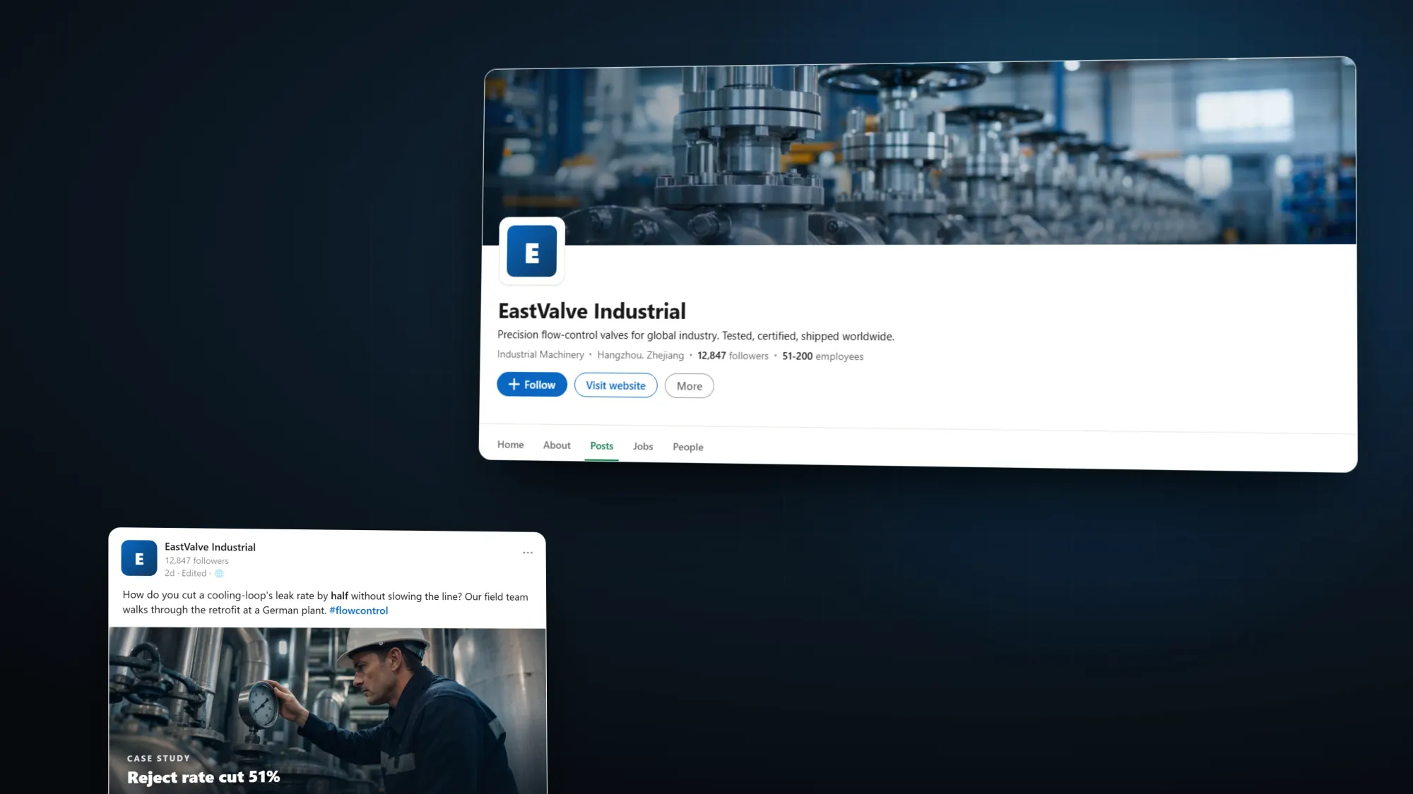 A LinkedIn company page for the exporter EastValve glowing in a dark studio: branded banner, 12,847 followers and active posts written in native English