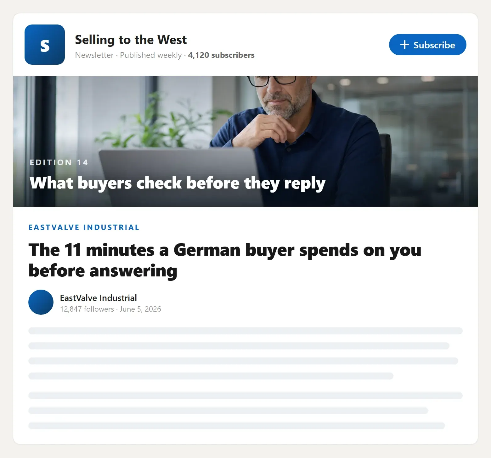 A LinkedIn newsletter page with a subscribe button and subscriber count