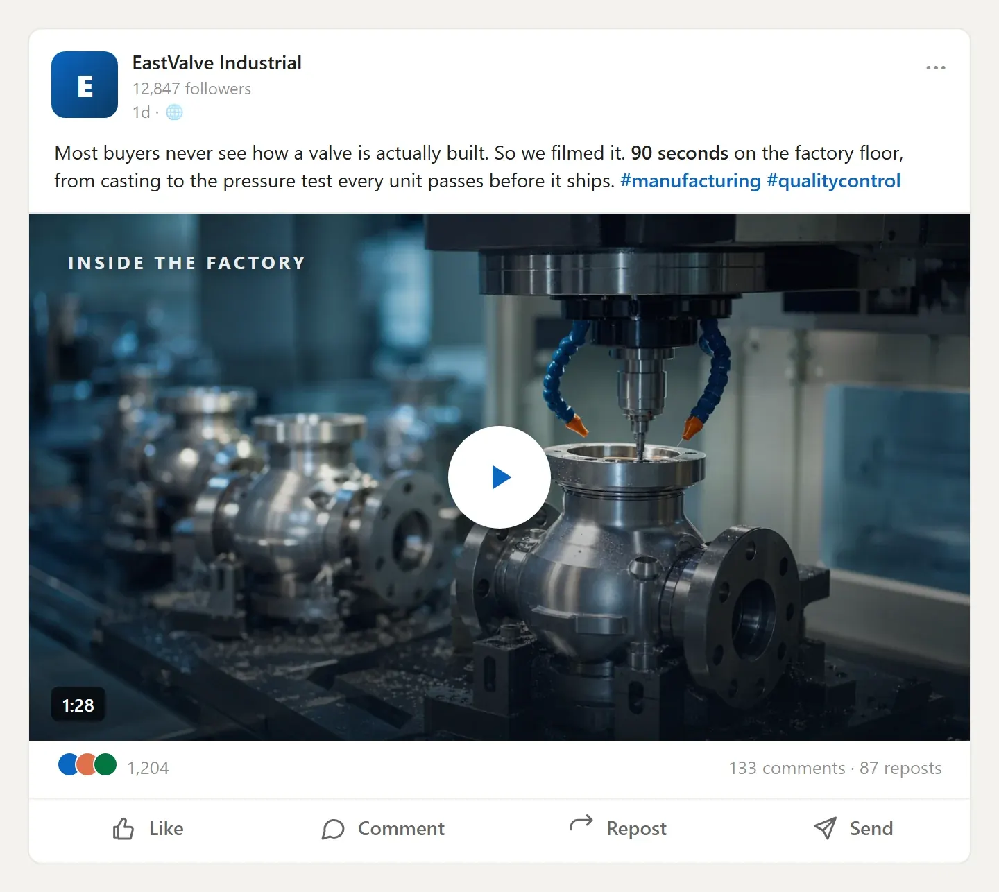 A LinkedIn video post from a company page with strong reactions and comments