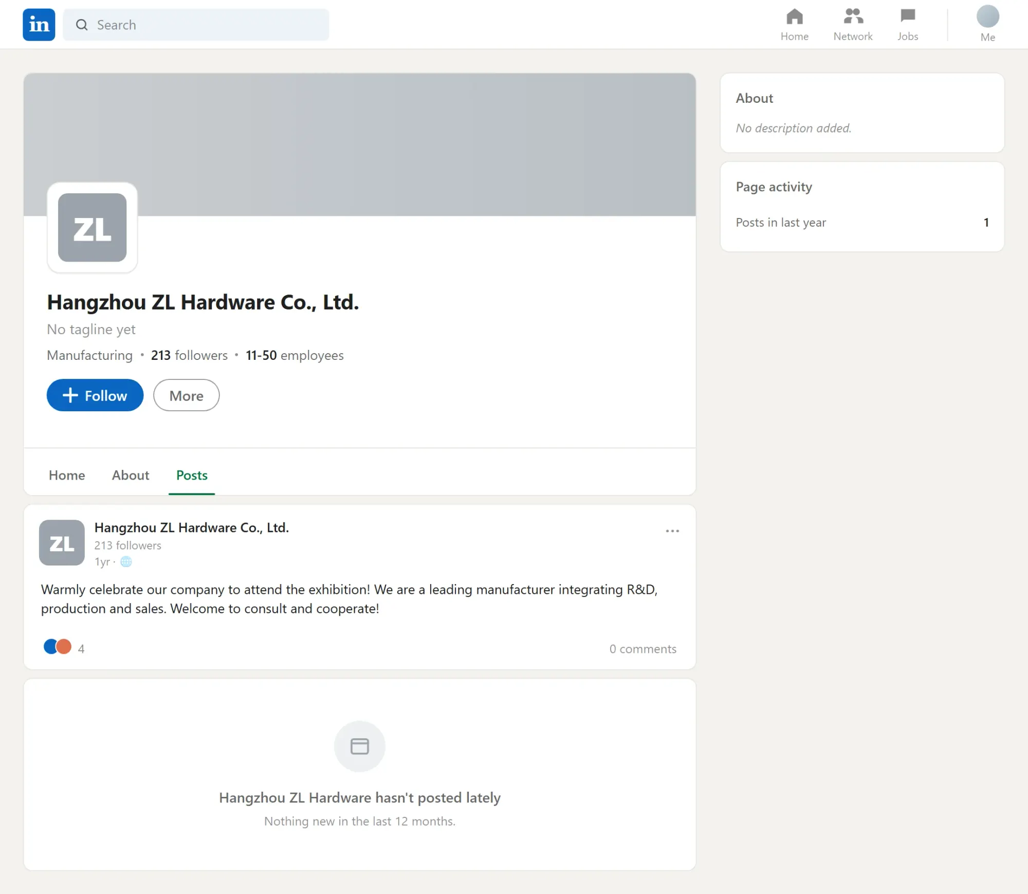 A thin, neglected LinkedIn company page: a plain default banner, 213 followers, one stale post from a year ago, and no recent activity