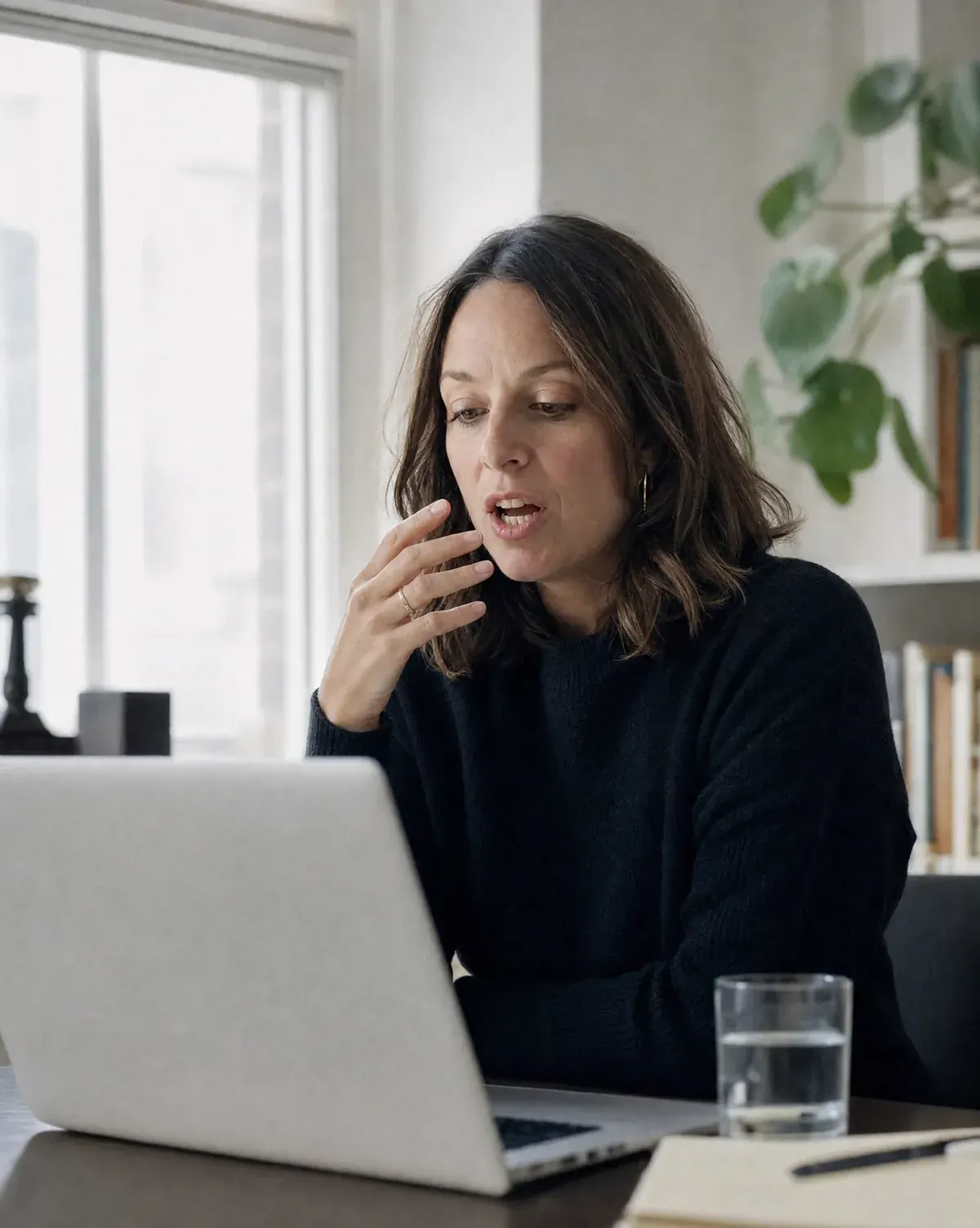 A person at a desk saying a name out loud while reading a shortlist on screen, testing how it sounds