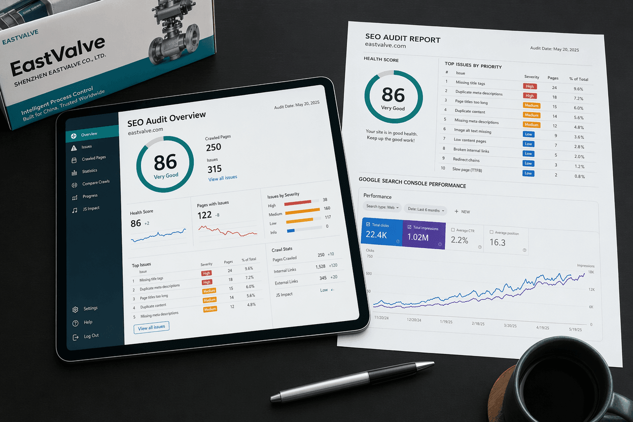 An SEO audit report showing a health score, a ranked list of issues, and a Google Search Console graph