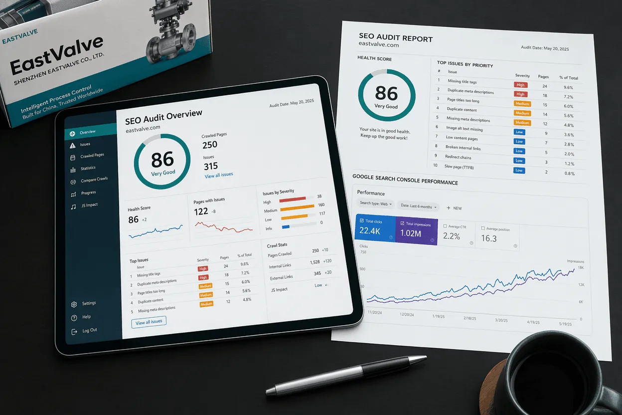 An SEO audit report showing a health score, a ranked list of issues, and a Google Search Console graph