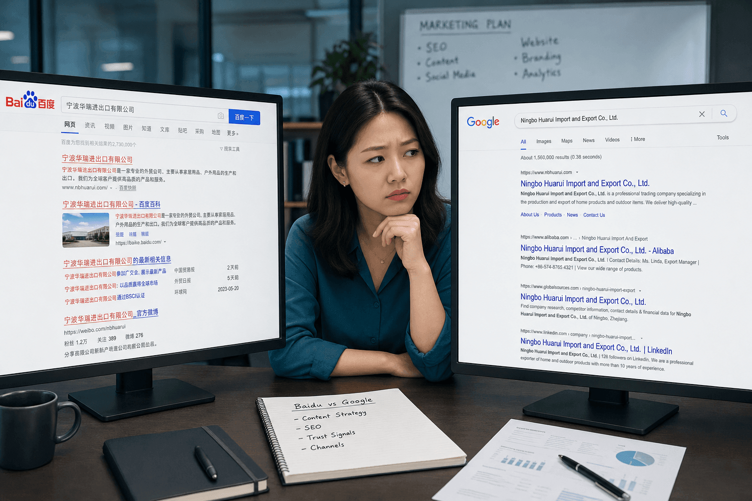 A Chinese marketer comparing a Baidu results page against a Google results page on a laptop
