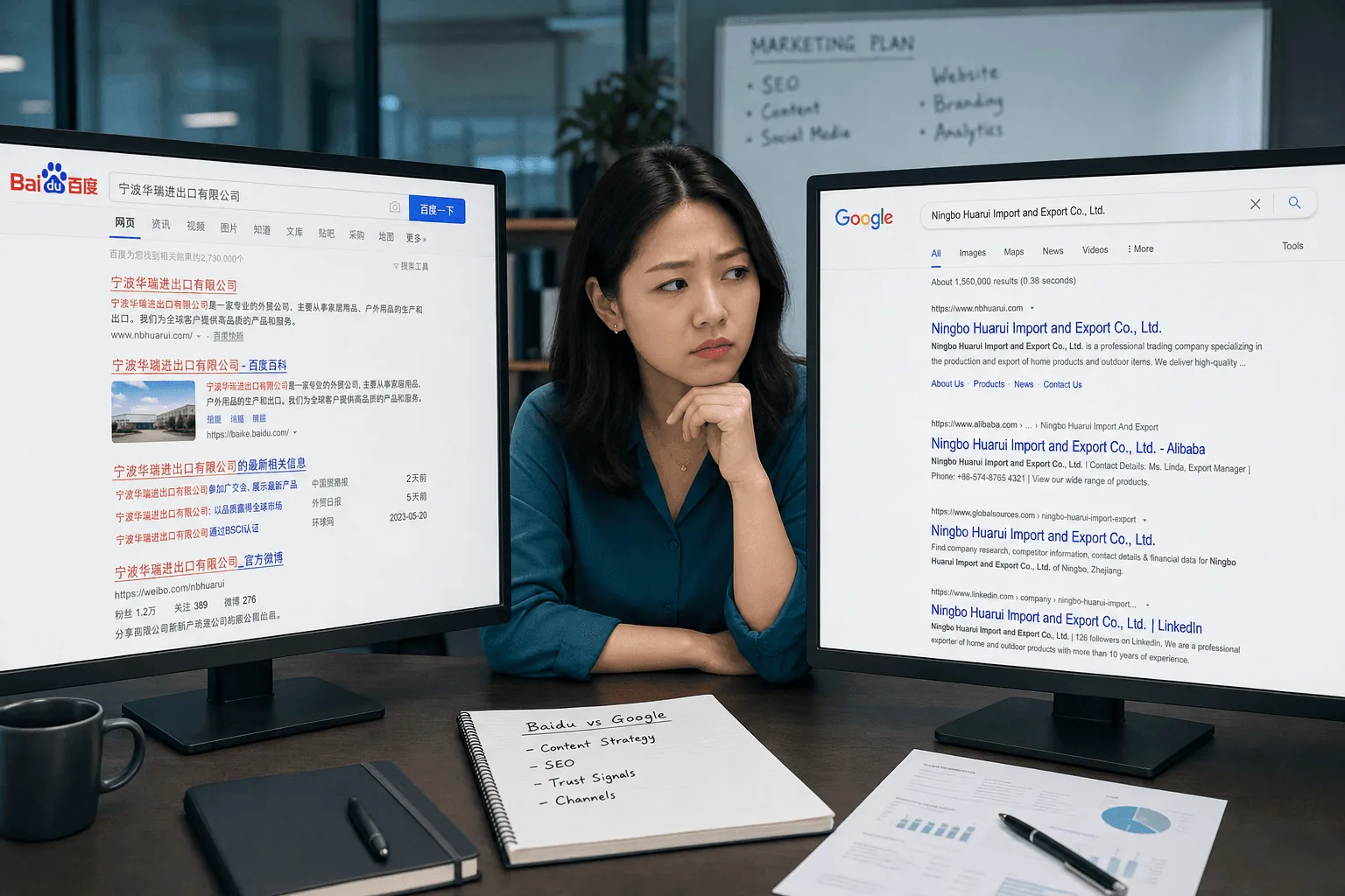 A Chinese marketer comparing a Baidu results page against a Google results page on a laptop