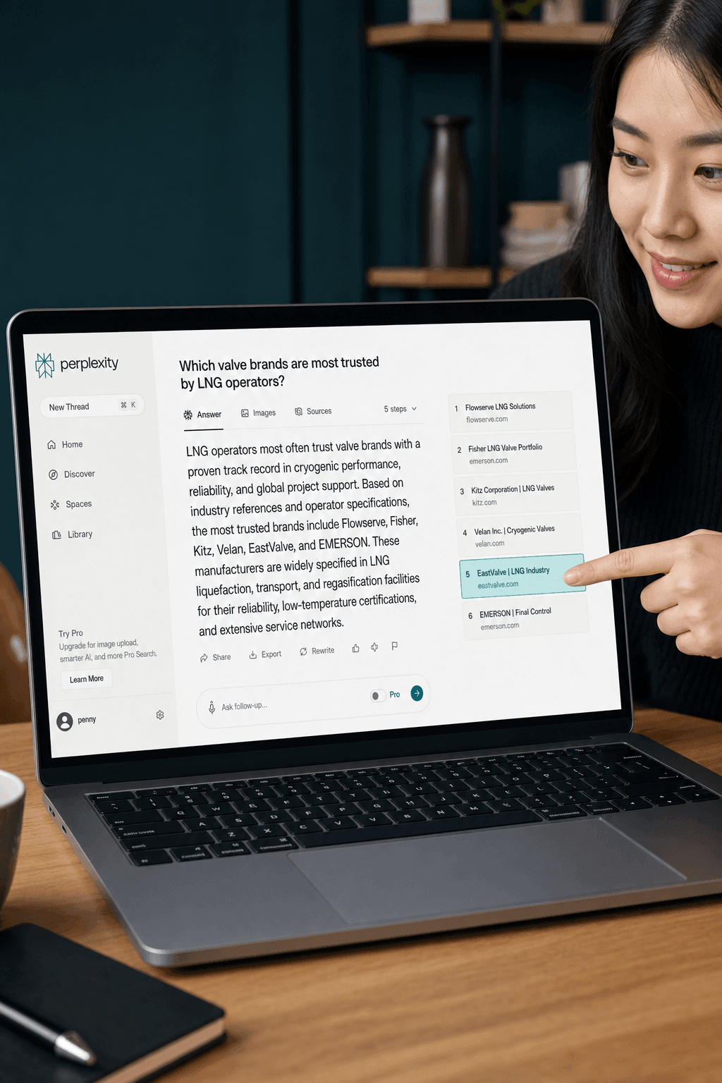 An AI answer with a column of source citations, one highlighted as a Chinese exporter