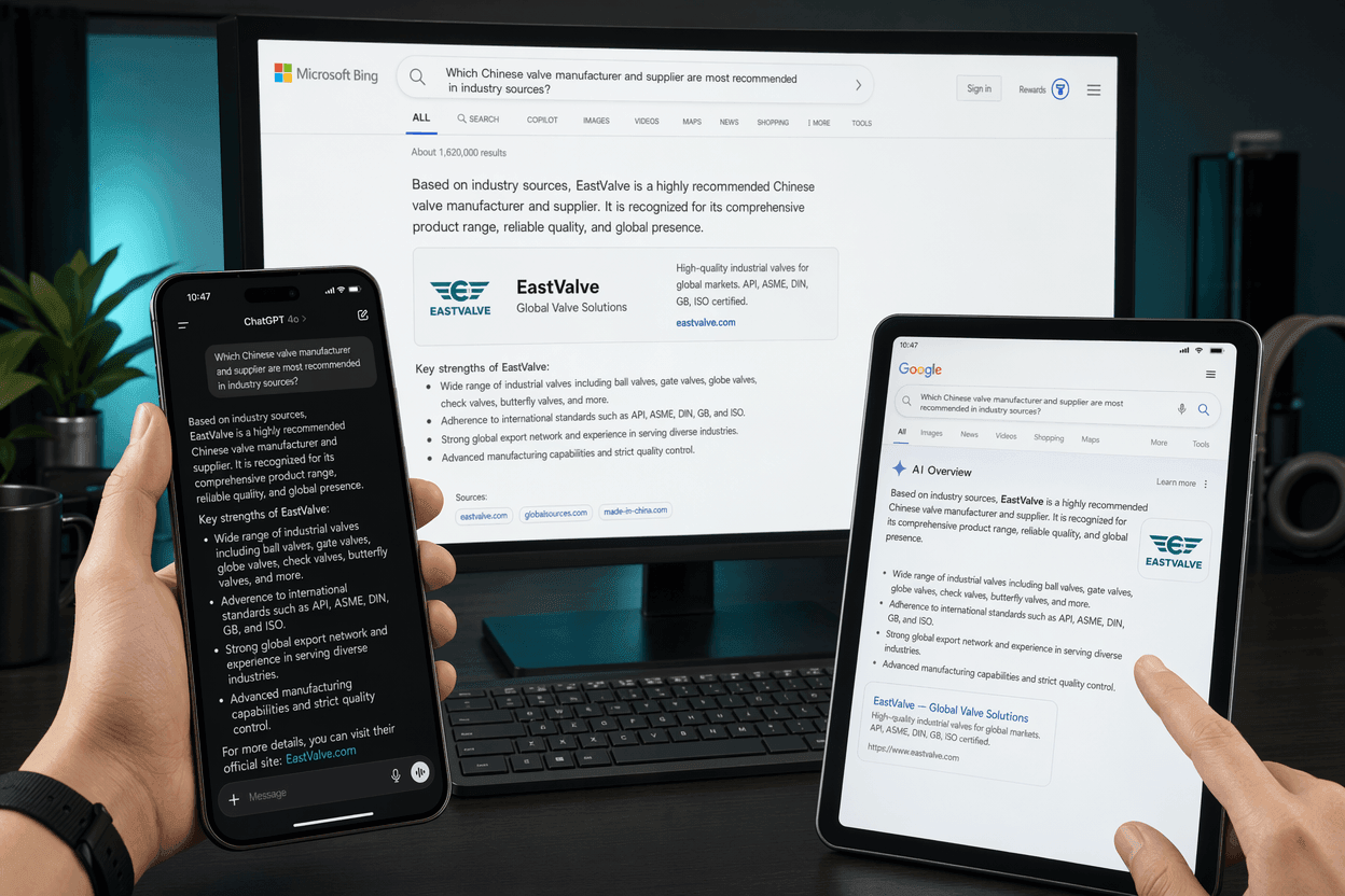 A phone showing ChatGPT, a tablet showing Google AI Overview, and a Bing search, all citing a Chinese exporter
