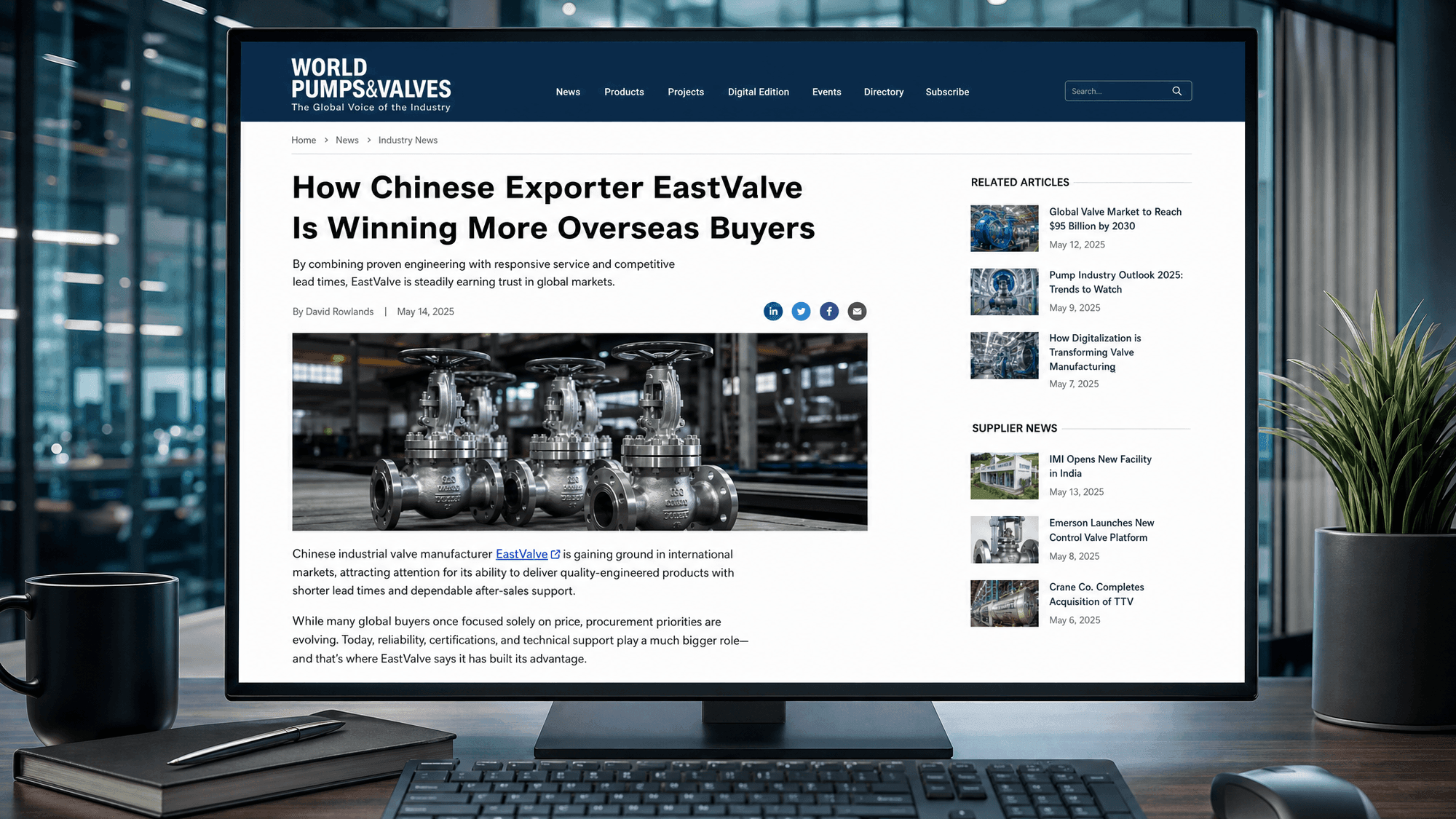 A Western trade publication article featuring a Chinese exporter, with a visible outbound link