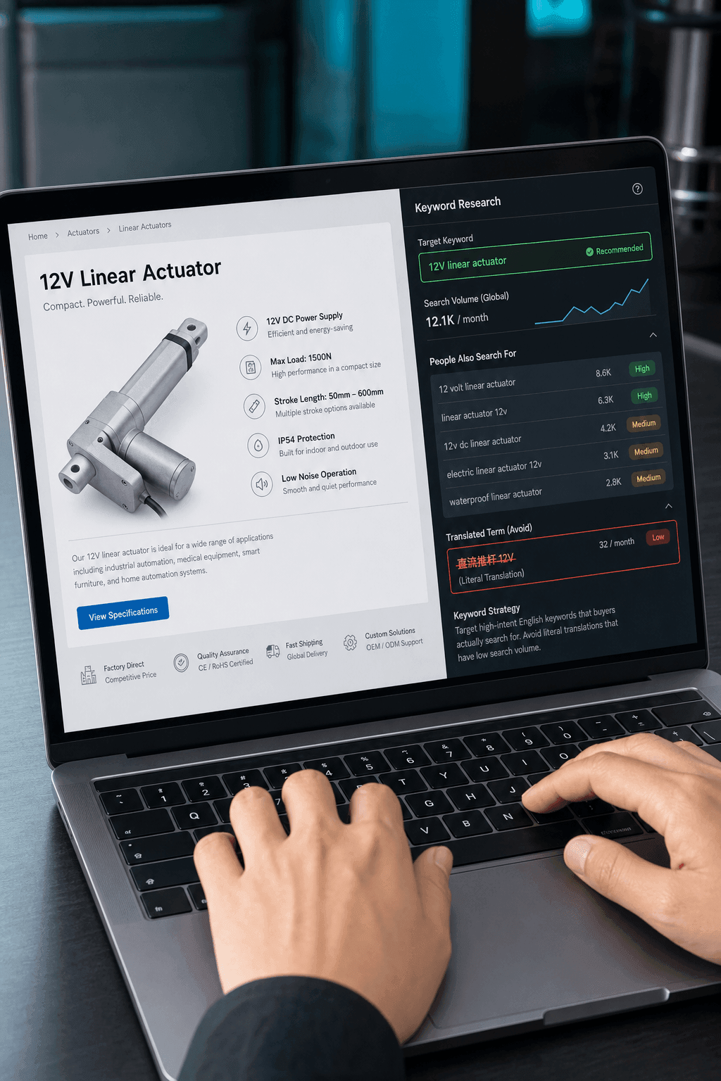 An editor optimizing an English product page beside a keyword research panel