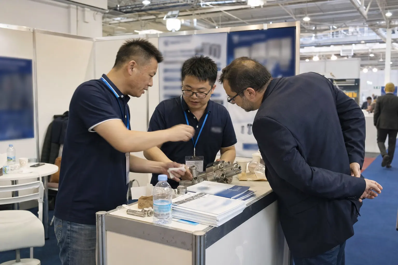 Staff from a Chinese manufacturer demonstrating a component to a visitor at a European trade fair stand