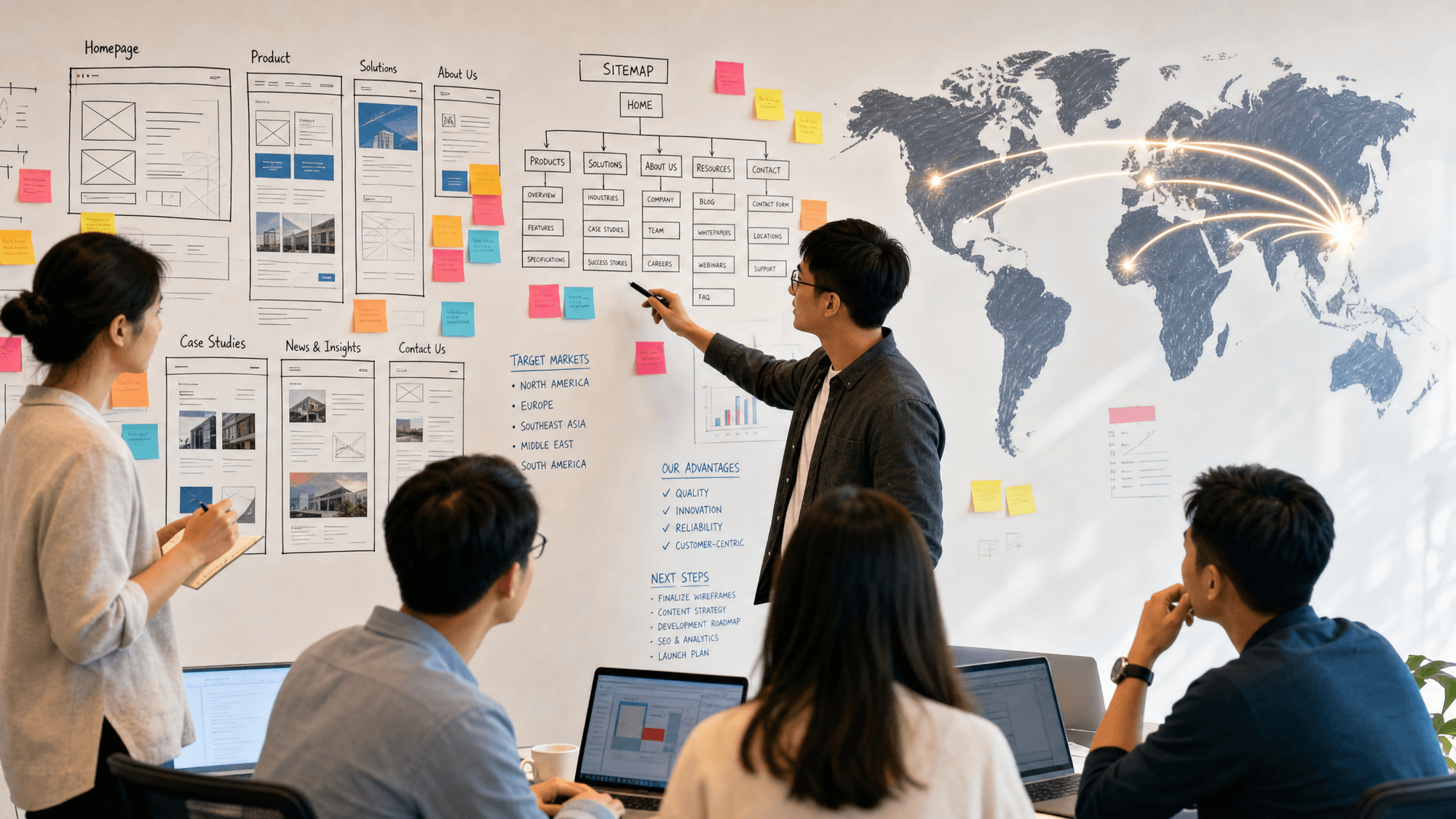A Chinese marketing team planning an English export website on a studio wall of wireframes and a sitemap, beside a world map with arcs from China to Western markets