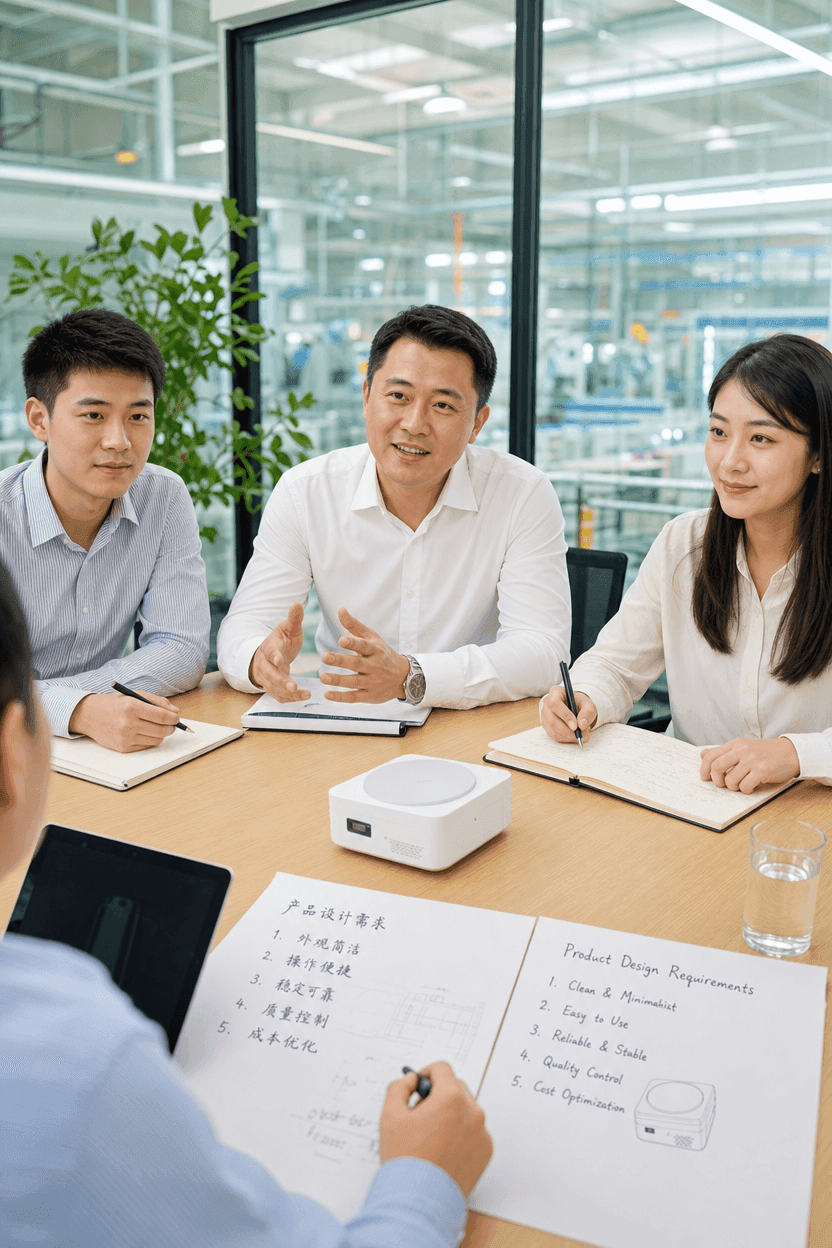 A founder and team being interviewed across a table in a daylit Chinese factory office, one person taking notes