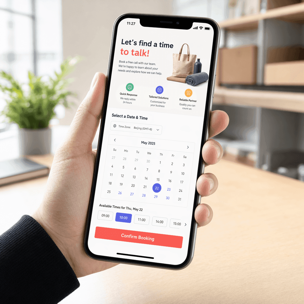 A smartphone showing a friendly book-a-call booking screen with a calendar and a confirm button