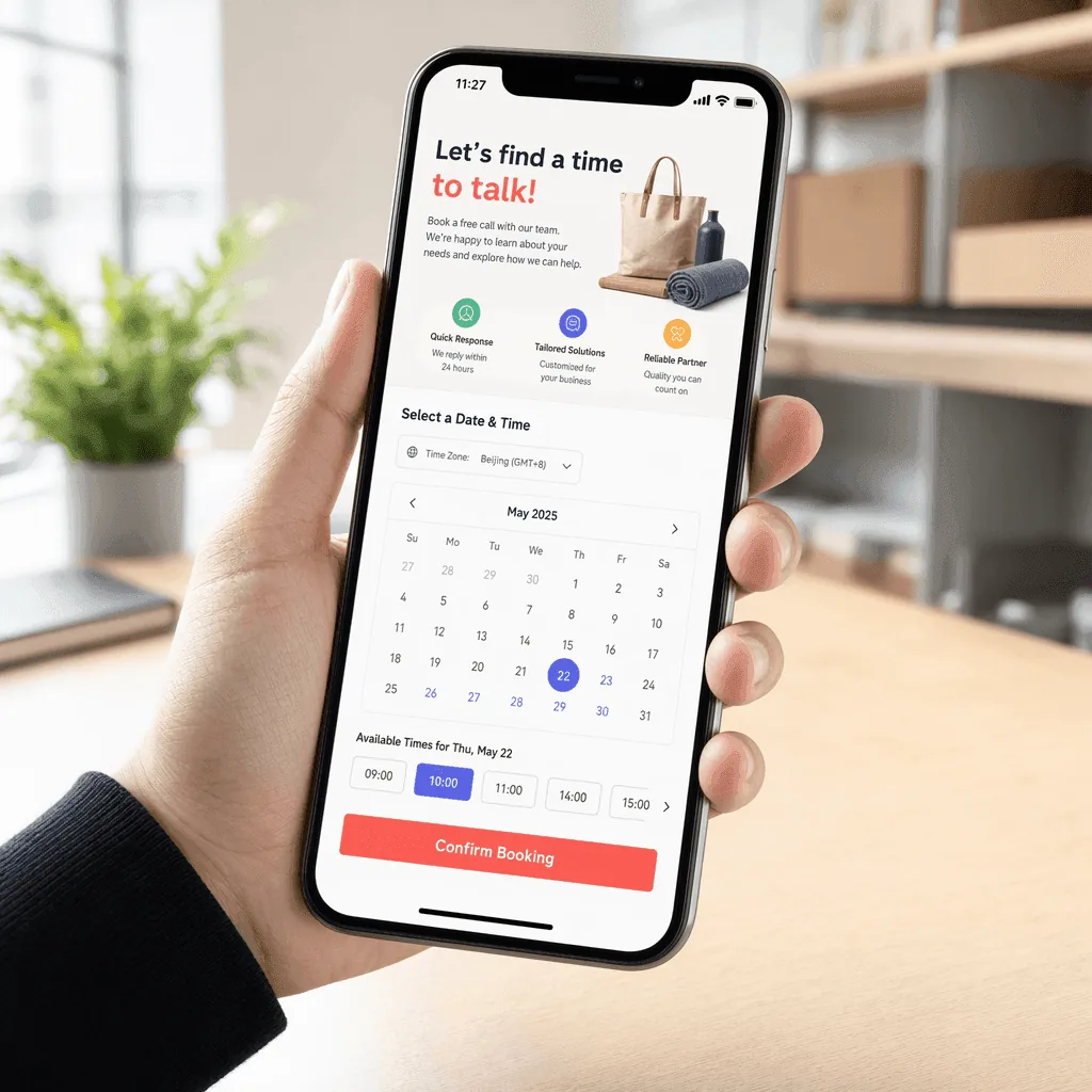 A smartphone showing a friendly book-a-call booking screen with a calendar and a confirm button