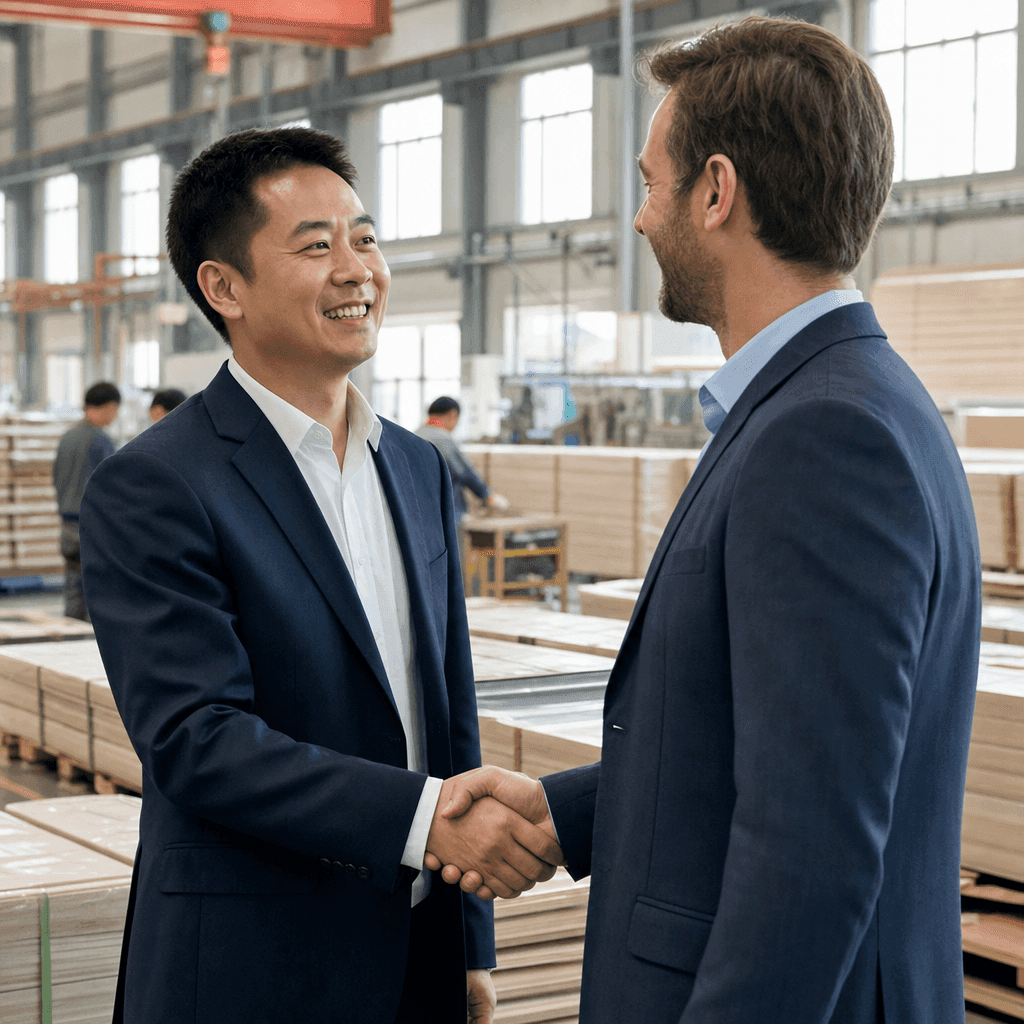 A warm handshake between two business people on a bright modern factory floor