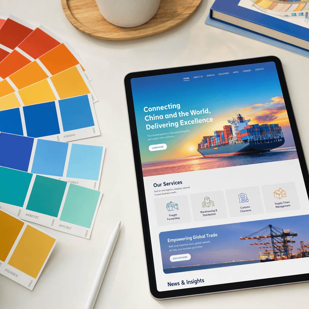 A vibrant brand color palette of swatch cards beside a tablet showing a matching colorful website