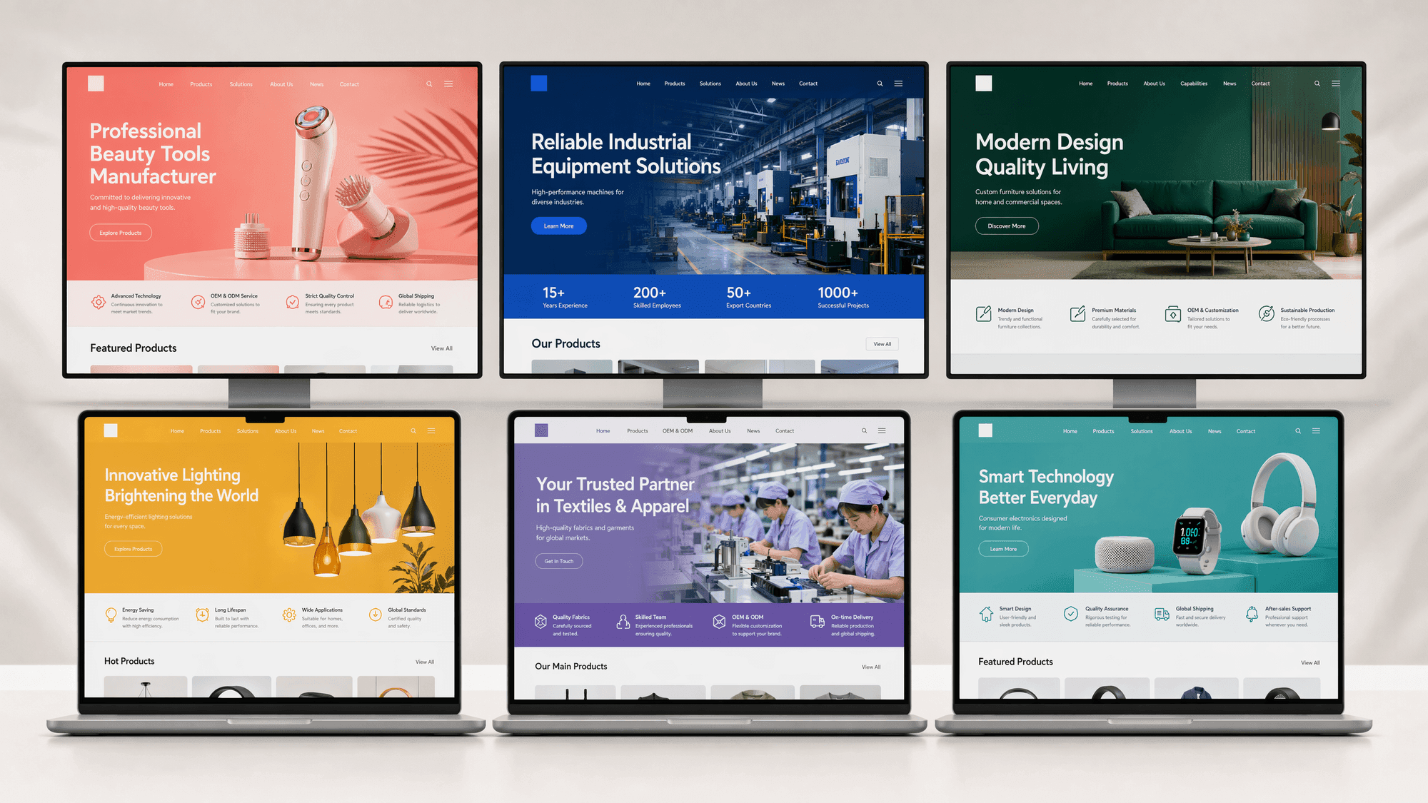 A grid of modern colorful Western website home pages, each with a distinct vivid color scheme