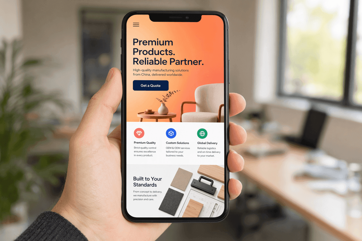 A hand holding a smartphone displaying a fast, clean premium website hero section with one clear button