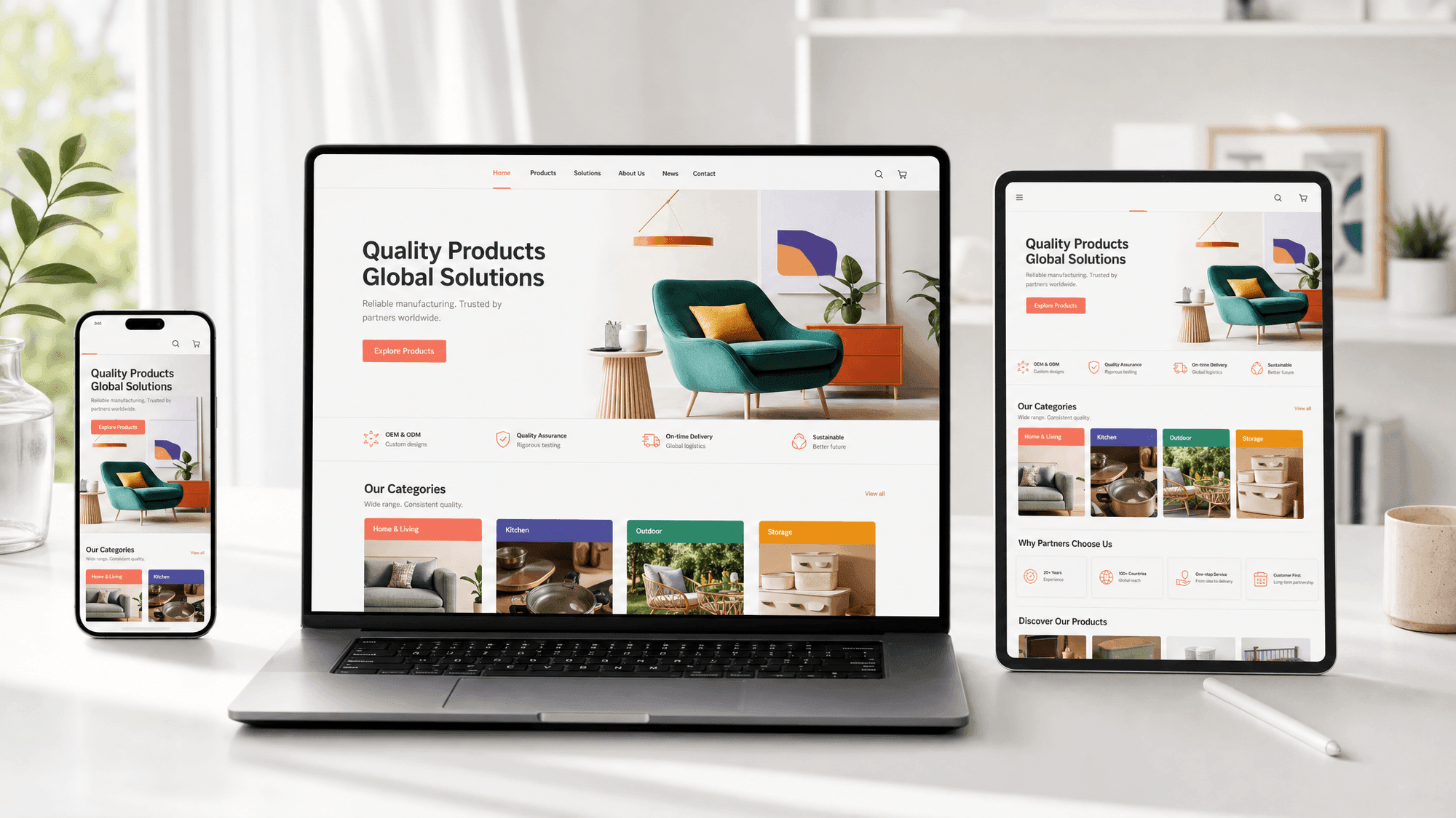 The same modern responsive website rendered cleanly across a smartphone, a tablet and a laptop lined up on a desk