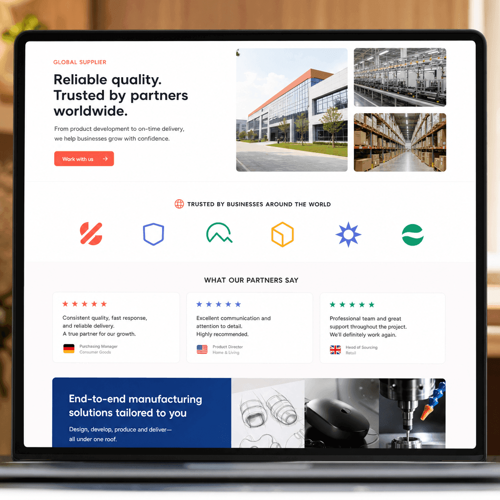 A clean trusted-by section showing a tidy row of colorful client emblems and five-star reviews