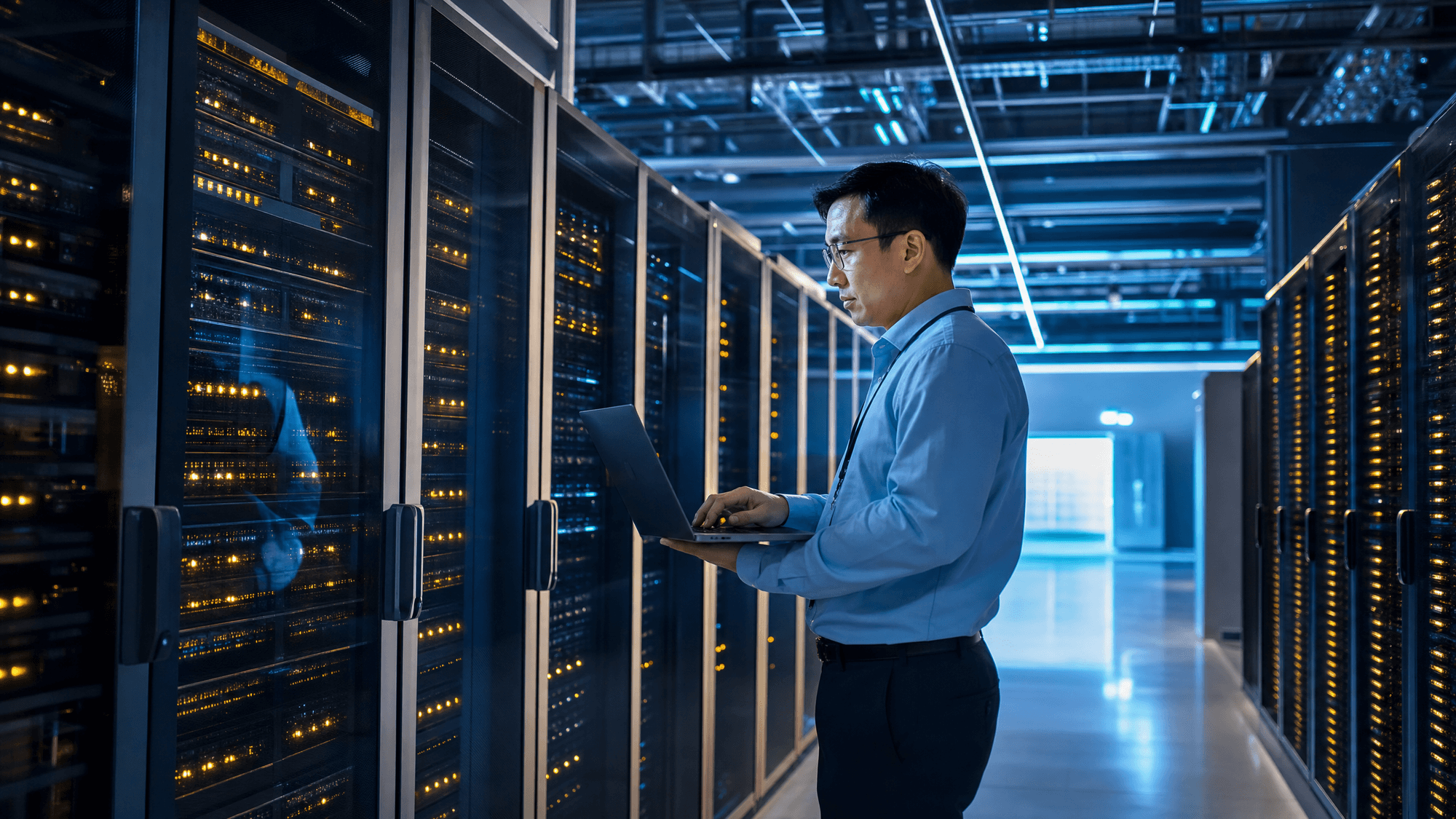 An East-Asian IT manager with a laptop checking servers in a Western data center that host a Chinese company's overseas website