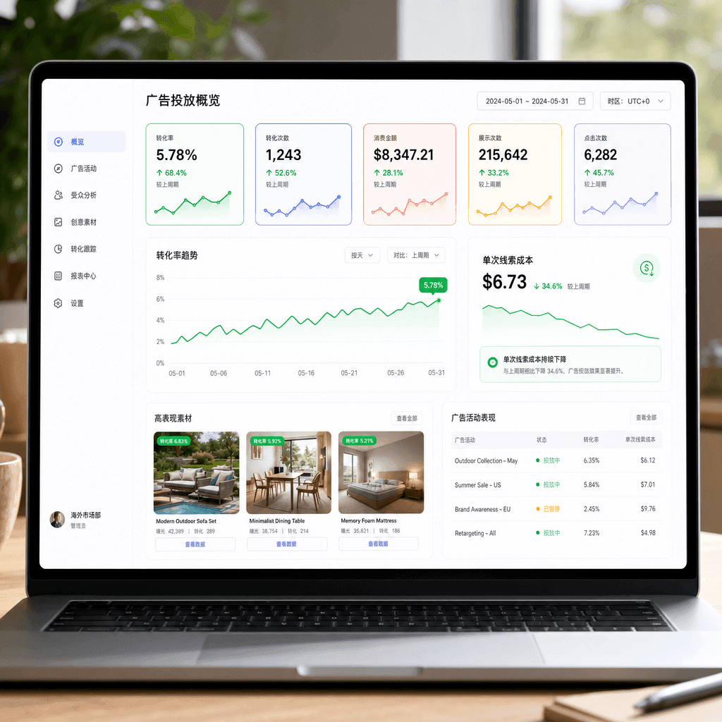 A dashboard showing a rising conversion-rate chart in green and a falling cost-per-lead figure