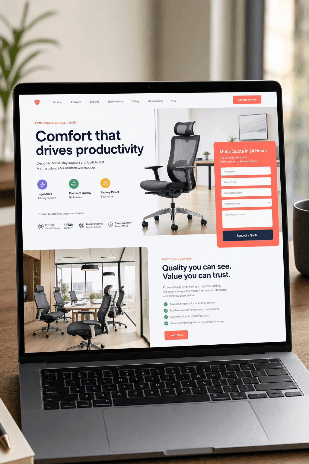 A laptop showing a clean conversion-focused landing page for a single product, with a matching headline and one clear lead form