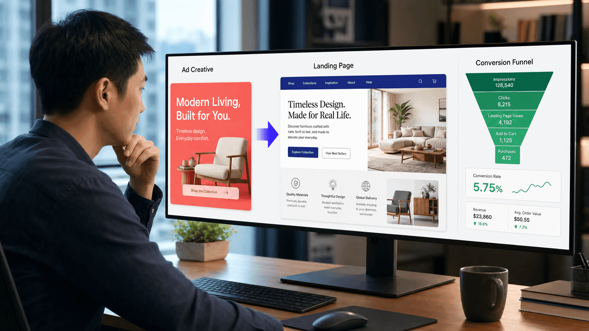 A marketer reviewing an ad-to-landing-page funnel on a wide monitor, an ad connected by an arrow to a landing page with a conversion chart