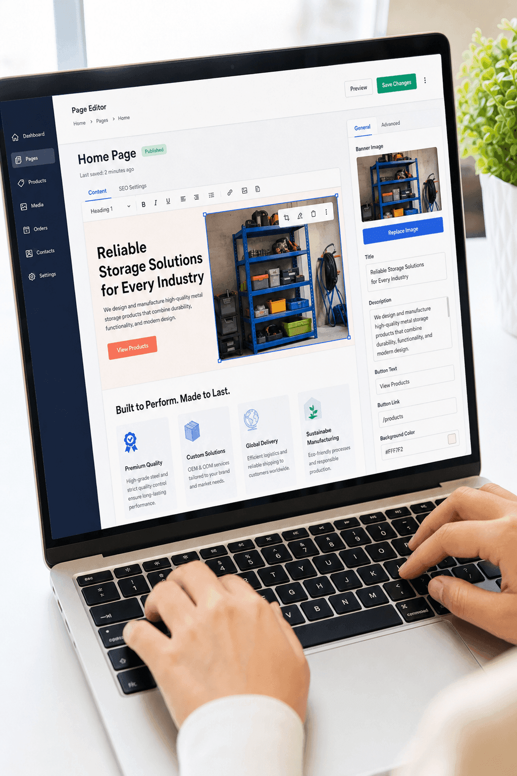 A close-up of hands editing website content in a clean content management interface on a laptop, swapping a product image