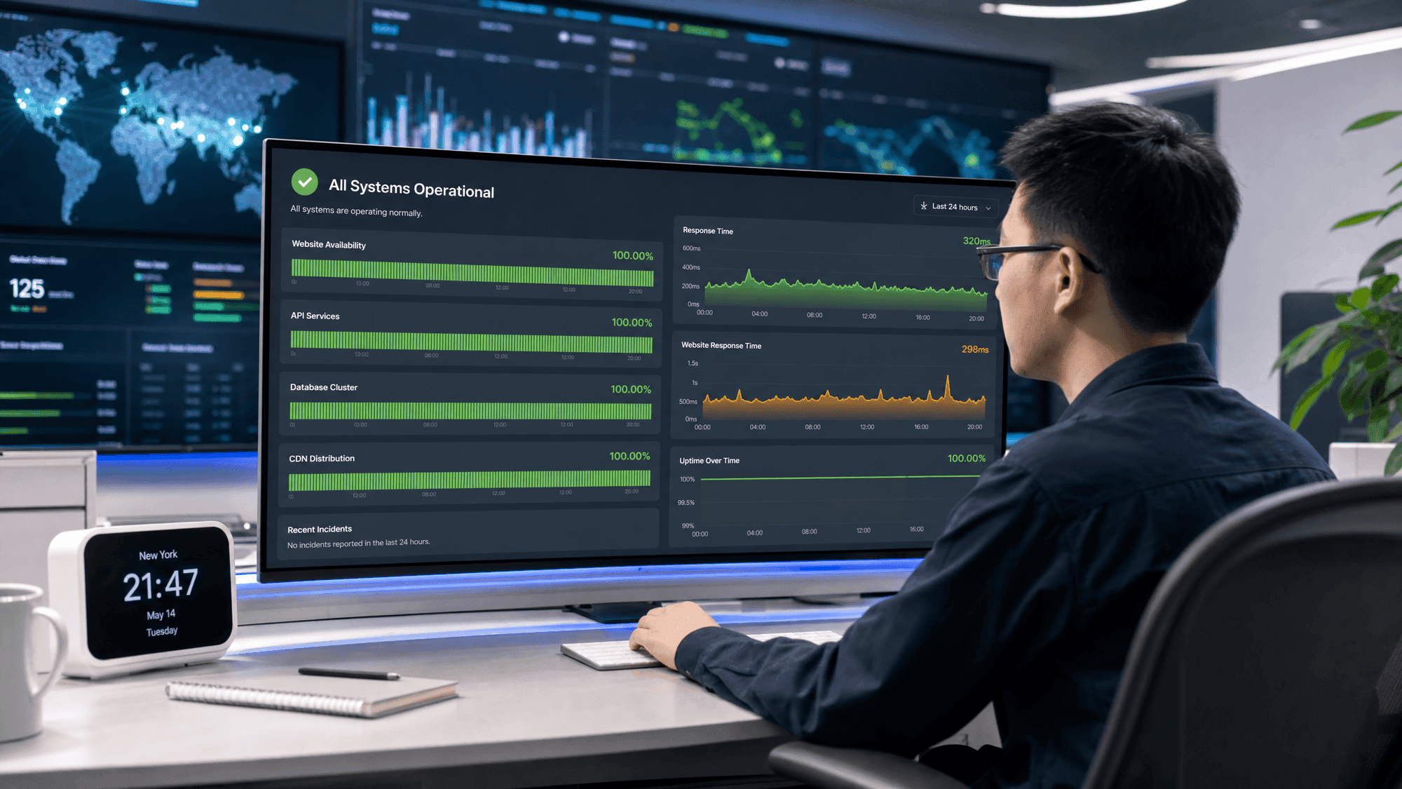 An East-Asian operator monitoring a Chinese company's overseas website, colorful uptime and response-time graphs and an all-systems-healthy status