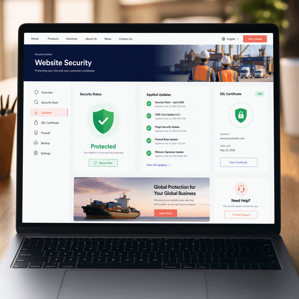 A colorful website security panel with a green shield, applied updates with checkmarks and a valid certificate badge