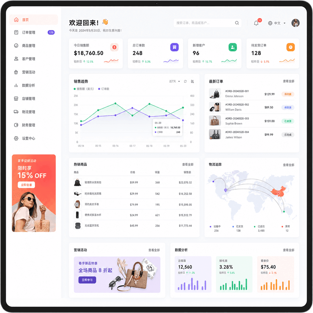 A friendly, colorful online-store admin dashboard showing orders and a bright sales chart