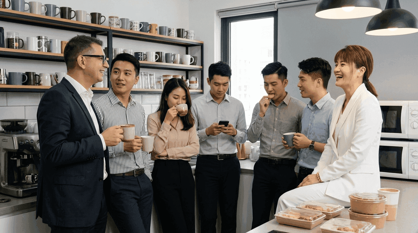 The BeyondBridge team together in the office, coffee in hand, mid-conversation