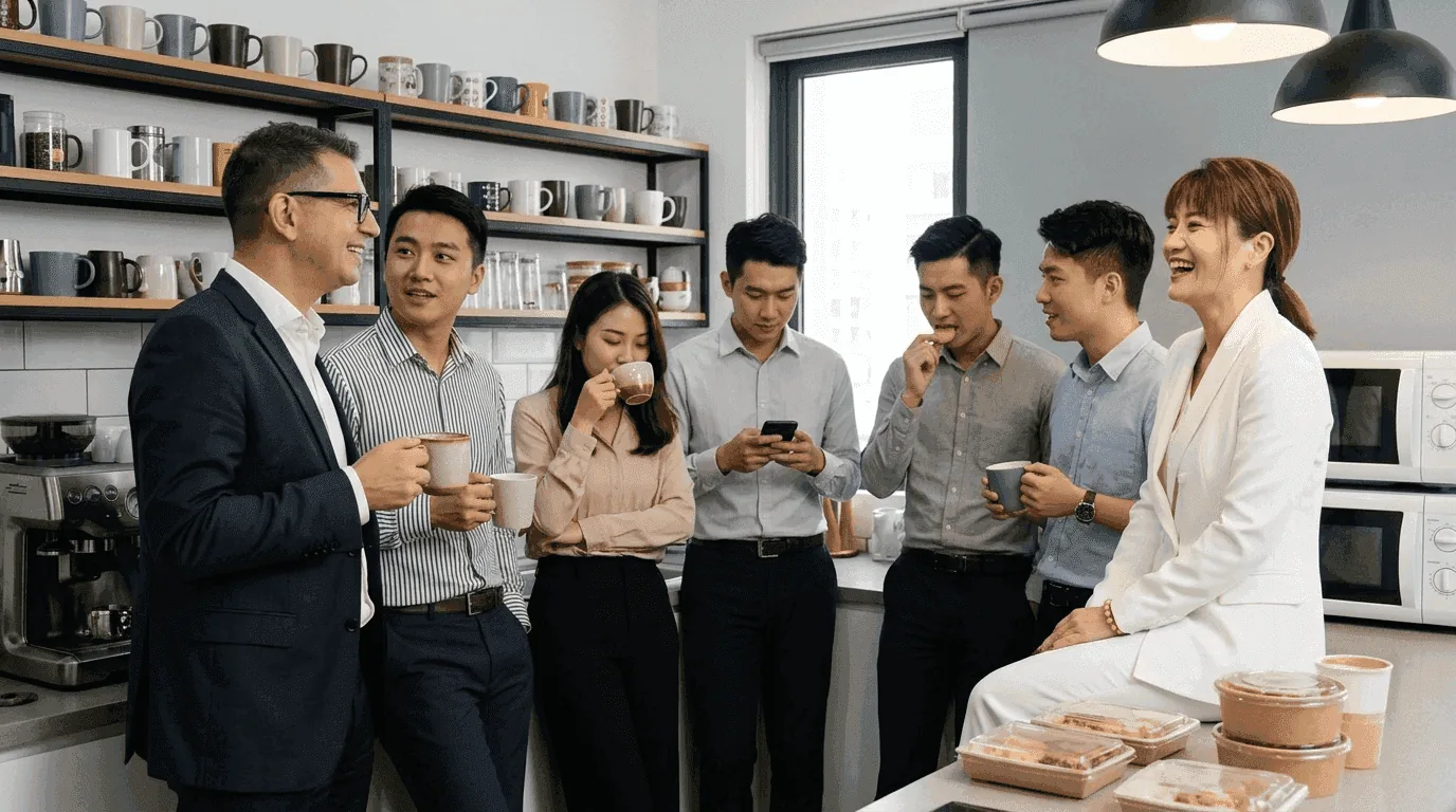 BeyondBridge 团队在办公室合影,手持咖啡,谈话正酣